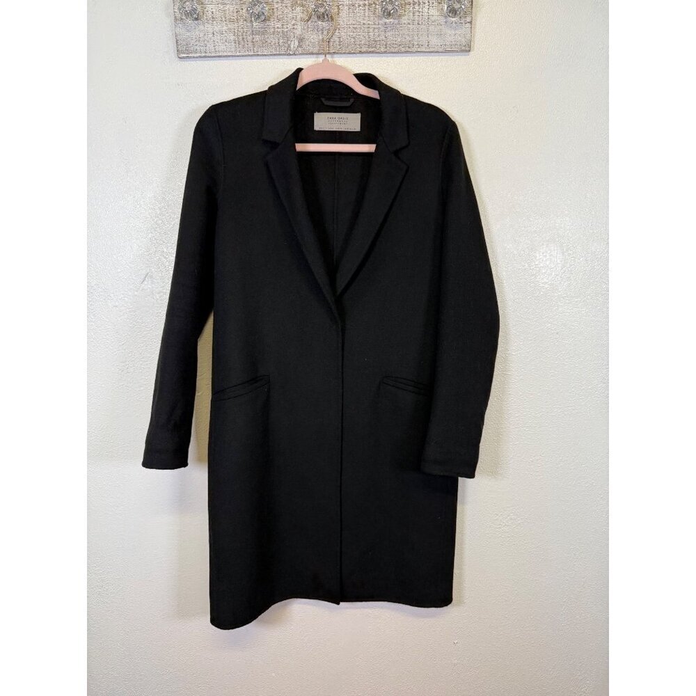 Zara Basic Womens Black Coat XS Longline Wool Blend Outerwear Pockets Button